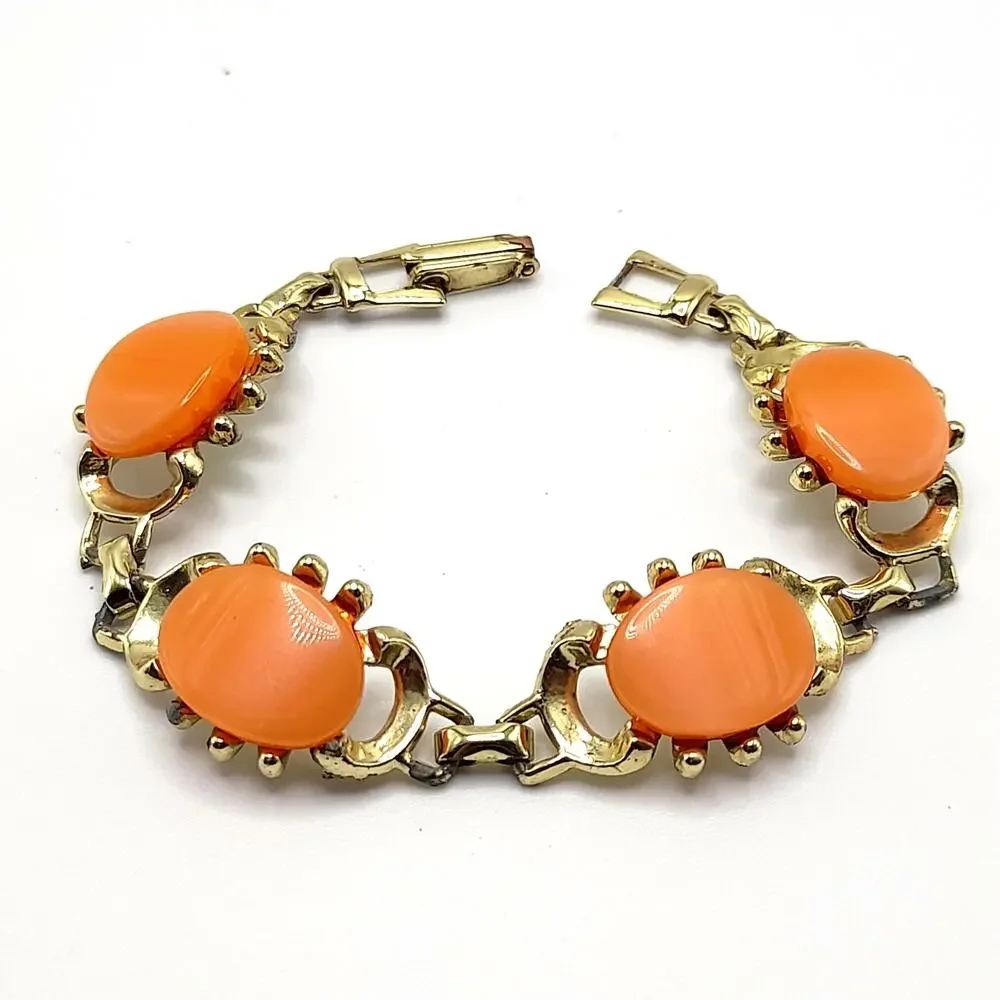 Vintage Orange Moonglow Bracelet, Gold Tone, 7